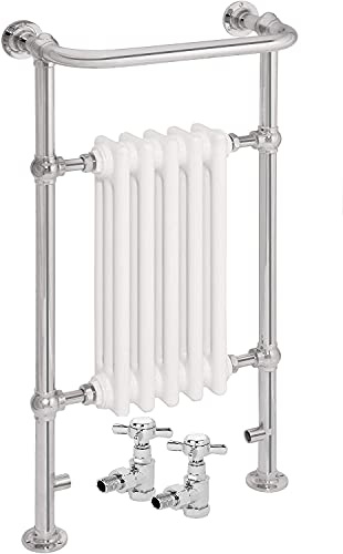 AQUAWORLD Traditional Victorian Style Heated Towel Rails for Bathroom with Radiator, Floor Mounted Towel Warmer Rack Chrome Finished 5 Column 952 X 500 X 225 MM with Valve (White)
