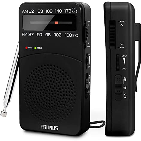 PRUNUS J-166 Radio portátil AM FM, radio a pilas con luz de sintonización, clip trasero, excelente recepción, radios AM FM portátiles, radios de transistor