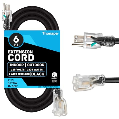 Thonapa - 6ft outdoor extension cord, heavy duty 12/3 black extension cord with 3-prong plug for safety, ideal for garden, tools and appliances