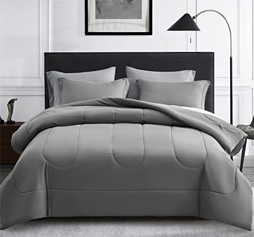 Maple&Stone King Size Comforter Set 7 Pieces Bed in a Bag - Down Alternative Bed Set with Sheets, Pillowcases & Shams, Soft Reversible Duvet Insert for King Bed, Dark Grey & Light Grey | Two-tone Design, Down Alternative Comforter Set with Sheets, Pillowcases & Shams, Comfortable All Season