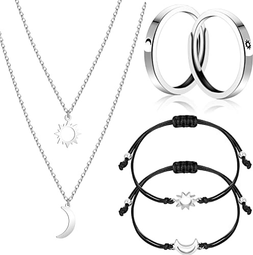 Bonuci 6 Pcs Sun and Moon Jewelry Set for Best Friend Include Matching Friendship Necklaces, Bracelets, Adjustable Rings Jewelry Gifts for BFF Couples Sisters