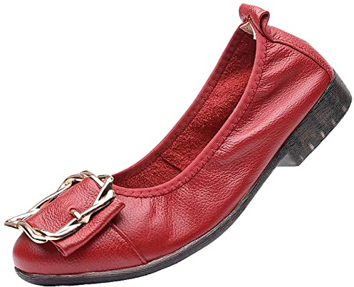 ANUFER Damen Echtes Leder Ballerinas Mode Metallschnalle Sanft Wohnung Pumps Schuhe Rot SN070535 EU39.5