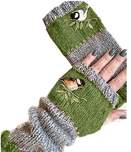 FOOMER Warm Patchwork Embroidered Fingerless Gloves with Vintage Knitted Design and Bird Embroidery (Green, Medium)