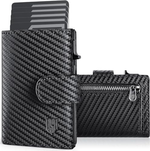 DODENSHA Kreditkartenetui geldbörse Herren RFID-Kreditkartenetui mit Münzfach, automatisches Pop-up-Kartenetui aus Aluminium für 8-10 Karten, Ausweisfenster | Carbon