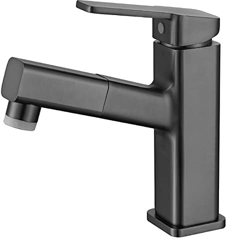 CAZARU Badarmatur mit ausziehbarer Brause, Waschbeckenarmatur, Waschtischmischbatterie, Messing, Waschtischarmatur, heißes und kaltes Wasser, verstellbar, metallgrau