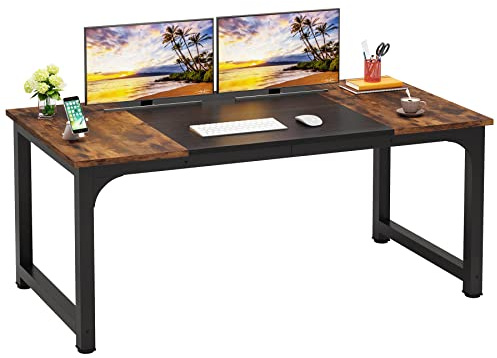 LITTLE TREE 63 Inch Large Executive Computer Office Desk, Brown+Black