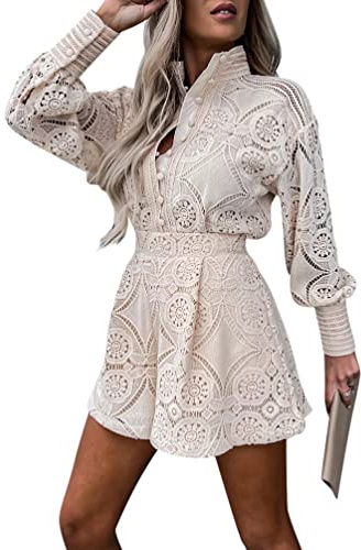 Minetom Zweiteiler Damen Spitze Hosenanzug Oberteile + High Waist Shorts Elegant Einfarbig Kurze Hose Outfit Sets Party Loungewear Freizeitanzug