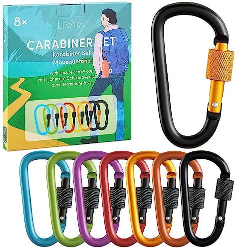 8er Karabinerhaken mit Schraubverschluss – Aluminium Karabiner Schlüsselanhänger in bunt – Karabinerhaken klein belastbar bis 30 kg - als Schlüsselanhänger Karabiner und Camping Zubehör von LIVAIA