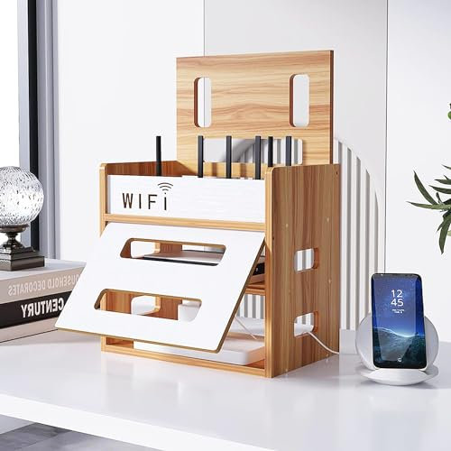 Catekro Armadietto per Router, Copertura per Router, Scaffale per router a Libera Installazione, Scaffale a Parete per Router, Scatola di Legno per la Conservazione del Router WIFI