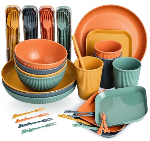 Sour Lemon 52-Piece Unbreakable Dinnerware Set - Lightweight Colorful Plastic Camping Plates, Bowls, Cups, Cutlery Set, Straw, Forks