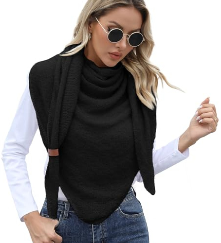 Vijamiy Bufanda Triangular Mujer Chal de Punto Invierno Suave Cálido con Hebilla de Cuero Pañuelo Fular 200x80cm(Negro)