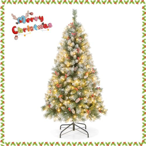 RELAX4LIFE Albero di Natale 150/200CM, Albero di Natale Verde Innevato con 200/420 Luci, 42/69 Pigne e 126/207 Bacche Rosse, Rami Rorte, per Casa e Negozio (200cm)
