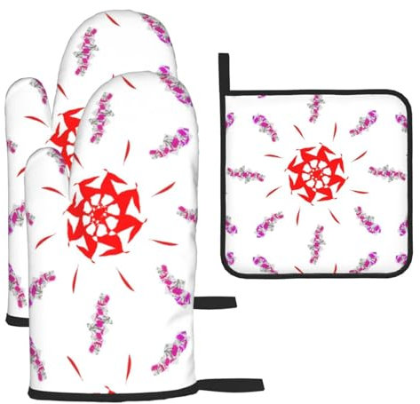 Set di 3 guanti anti-scottatura e presine con fiori rotanti, per cucinare e grigliare, regalo di Natale per la festa della mamma