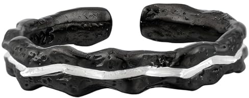 NicoWerk Damen Silberring schwarz aus 925 Sterling Silber Gehämmert mit Struktur Schmal Verstellbar Offen SRI988