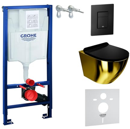 LAVITA Vorwandelement Solido + Wand Hänge WC Sofi Slim Gold/Black Spülrandlos + + WC Sitz mit Absenkautomatik Schwarzer Knopf Komplettset Unterputz Spülkasten Toilette Komplett Sett WC