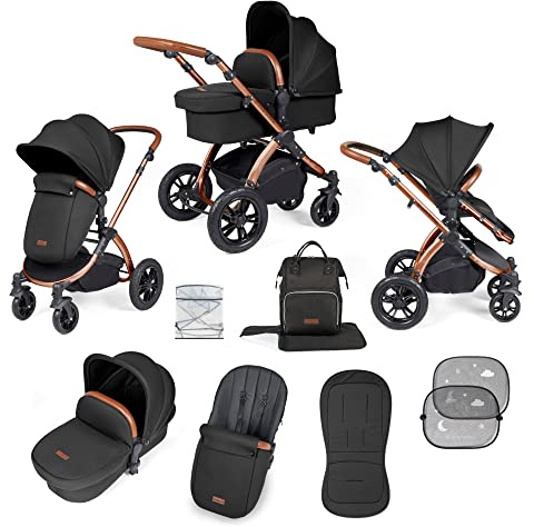 Ickle Bubba Stomp Luxe 2 in 1 Kinderwagen - Geeignet von Geburt an bis zu 22 kg (ca. 4 Jahre*), All-Terrain, faltbar, inkl. Regenschutz, Fußsack, Schürze, Sonnenschirm (Bronze/Mitternacht/Hellbraun)
