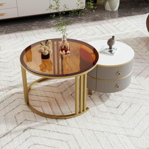 PUGSDRLY Table Basse Ronde Set de 2,Table Salon avec Tiroirs,Motif de Marbre,pour Salon Balcon,Gris et Marron