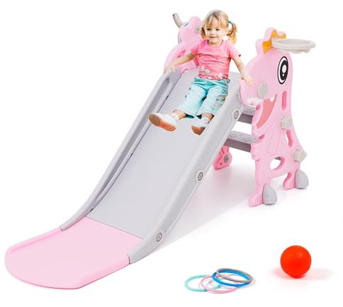 Arkyomi rutsche Indoor ab 1 2 3 4 5 Jahr,2in1 Baby rutsche spielgeräte mit basketballkorb Indoor Outdoor,kleine rutsche Baby Slide,babyrutsche für Kleinkind,plastikrutsche kinderrutschbahn(Rosa)