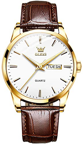 OLEVS Reloj de Hombre Analógico de Cuarzo de Acero Inoxidable Cuero Reloj Clásico de Cuero Marrón Negocios Resistente al Agua Hombres Relojes Elegancia Luminoso Día Fecha Esfera Blanca
