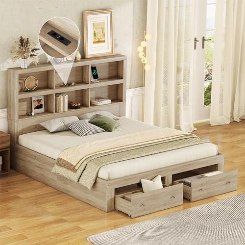 Sapgaks Lit 160x200 avec sommier à Lattes et Deux tiroirs,lit Coffre avec sommier 160x200,Cadre de lit 2 Personnes avec rangements lit Double capitonné lit Adulte,Bois Massif,Naturel