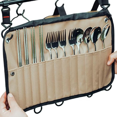 Generisch Bestecktasche Camping, Reise Kochutensilien Organizer Mit 12 Fächern, Wickeltasche Essgeschirr Outdoor Rolltasche Organizer Spaghetti Edelstahl Reisen Tischmesser Falten
