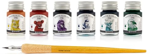 Octopus Write & Draw Ink RAINBOW, 6x10 ml, wasserfest, mit Zeichenfeder | Füllhaltergeeignete Pigmenttinten mit Holz-Zeichenfeder, für Dip-Pen-Kalligrafie, Illustration und Urban Sketching