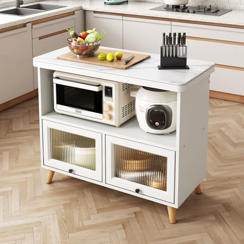 Armario de cocina blanco con encimera de piedra y puertas decoradas de cristal, aparador buffet para estación de café y soporte de microondas, 80 x 50 x 80 cm
