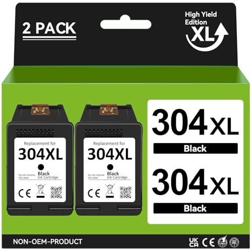 304 XL Schwarz Tintenpatronen Kompatibel für HP 304 XL - Hochleistungs-Tinte für HP DeskJet 2620 2630 3720 3730, Envy 5000 5020 5030, Drucker 3700 Serie - 2 Patronen, Schwarz