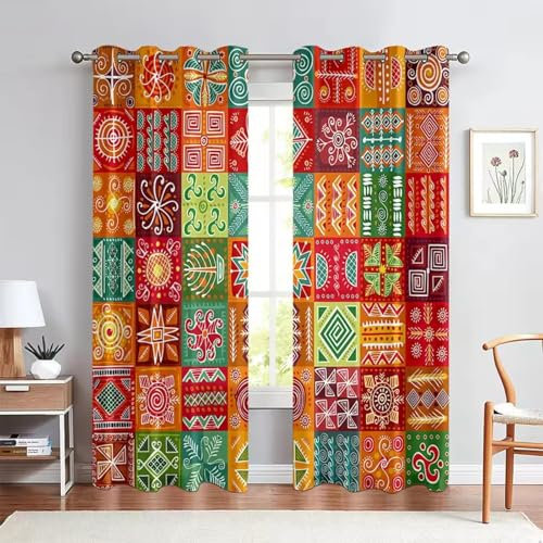 AJALGZ Bohemian Colorful Plaid Pattern Printed Curtains Retro Style Polyester Fiber Bedroom Living Room Study Curtains H137xB117cm(2erPack) Vorhänge-mit-ösendruck
