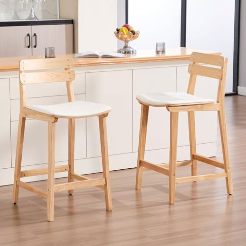 chairus Barhocker 2er Set Barstühle PU-Leder Tresenhocker Bistrohocker aus Holz küchenhocker mit lehne für Kücheninsel/Esszimmer/Wohnzimmer(Weiß)