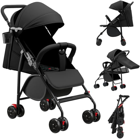 Passeggino per neonati, passeggini con ombrellone, passeggino pieghevole con tamponi in cotone e zanzariere (nero, 97 x 72 x 47 cm)