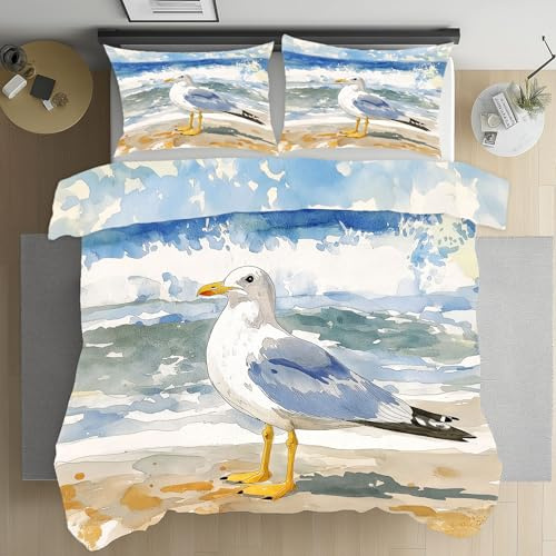 Pggong Möwe Vogel Tiermuster Aquarell Bettwäsche 135x200 3teilig | 2 Kissenbezüge 80x80 cm, Strand Meerwasser Bettbezug, Marine Ölgemälde Bettbezüge Mikrofaser mit Reißverschluss Warm Weich