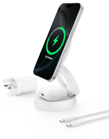 Belkin 2-in-1 Convertible Wireless Charging Station, Wireless Portable Charger 15W, MagSafe-Compatible Qi2 Charger for iPhone 17, Air, AirPods with Weighted Non-Slip Base, 30W Charger Included - White