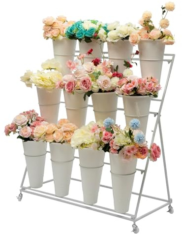 Moforchory flower bar stand, flower display stand with 12 buckets, 3 Layers Flower Cart White Metal Flower Bar Stand with Wheels, Moving Florist Bouquet Shelf for Indoor Outdoor Patio Garden Weddings