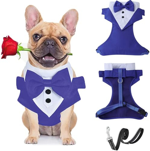 Harnais de smoking avec laisse pour chien – Gilet formel avec nœud – Harnais de mariage réglable pour chiot et chien de petite et moyenne taille _ L (bleu foncé)