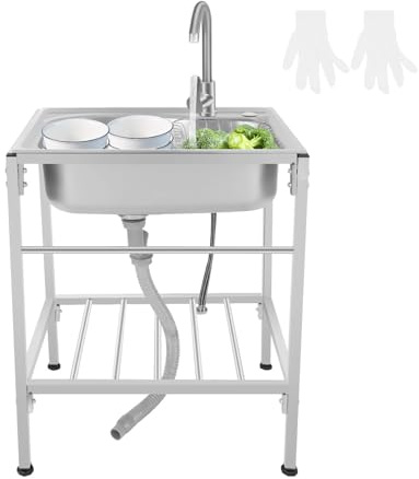 OUBUBY Lavello da cucina indipendente in acciaio inox, 60 × 45 × 75 cm, 1 lavandino mobile in acciaio inox, portatile, con rubinetto e supporto per esterni, interni, cucina, ristorante