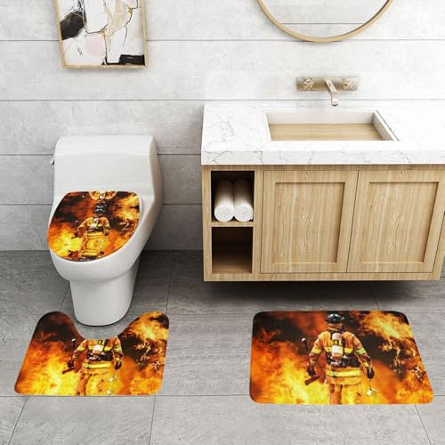 WXWJSHMGC Feuerwehrmann Feuerwehrmann Flamme Druck 3 Stück Super Plüsch rutschfeste Badematte Vorleger Set WC Teppich Teppiche