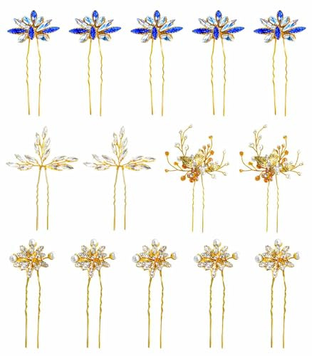 Flayem 15 Stück Hochzeit Haarschmuck,Braut Strass Haarnadel,Golden Kristall Haarspangen