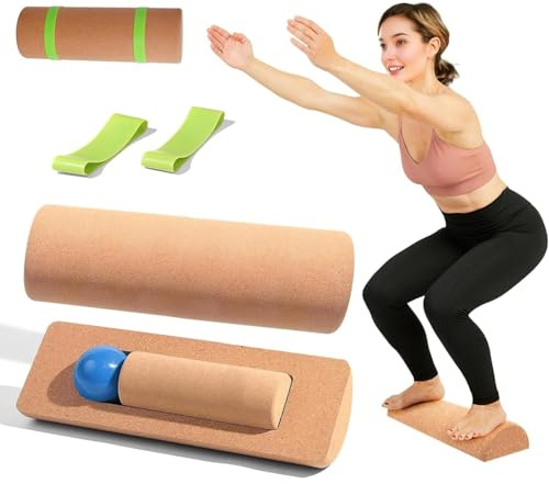 Kork Balance Board für Fuß- & Knöcheltraining - Set mit Massageball & Zehenbändern - Stabilitätstrainer gegen Plantarfasziitis & Fußschmerzen - Zuhause, Büro & Fitnessstudio