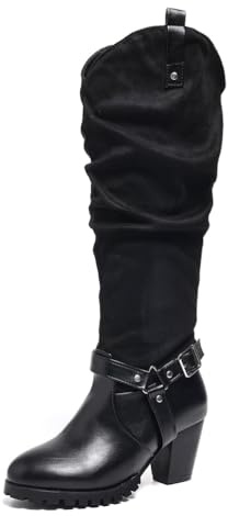 TNMIUH Bottes Hautes Femmes, Cuir Noir, Talon Bloc 6.5cm, Style Plissé avec Boucles Décoratives, Bottes Slouchy Automne-Hiver,Noir,37 EU