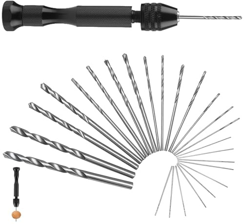 Aihoom Mini Taladro de Mano Negro + 25pcs Brocas de Torcedura, Mini Taladro Manual de Precisión para Modelismo y Manualidades, Herramienta Pequeña para Bricolaje y Artesanía