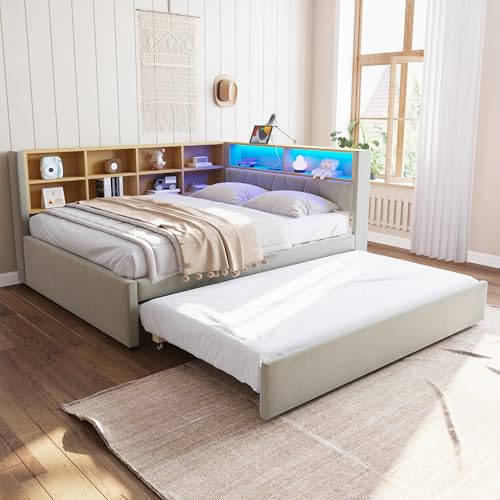 WIZBED Polsterbett Schlafsofa 140x200 mit Ausziehbett 140x1140, Tagesbett mit LED, USB, Steckdosen und Ablagefächern, Jugendbett, Sofa Bett, Gästebett,Bettgestell, Flanell, Hellgrau B,ohne Matratze