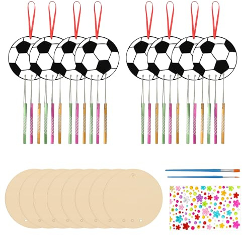 PDirat Windspiel Bastelset Kinder, 67 Teile Fußball Mal-Bastelset, Basteln & DIY mit Holzstücken, Windspielen, Silberdrähten und Aufklebern, Malen Basteln für Jungen Mädchen Kindergeburtstag