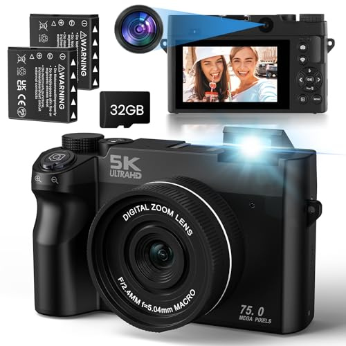 LAMA Appareil photo numérique à double objectif, caméra de vlogging autofocus 5K 75MP avec carte SD 32 G, appareils photo compacts avec écran de 3,0, zoom numérique 18x pour enfants, adolescents