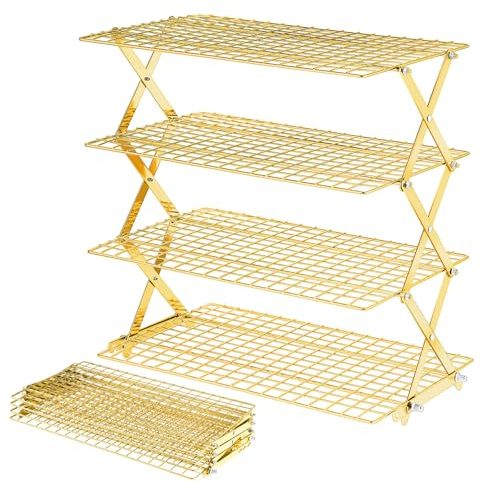 BEWOS 4 Tier Collapsible Cooling Rack - Adjustable Stainless Steel Baking Rack with Mesh Leak Proof，Foldable X-Shaped Structure Cooling Racks for Cooking and Baking, Dishwasher Safe（Gold）