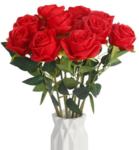 EJRUP 12 Pezzi Fiori Finti per Decorazioni Fiori Finti Realisticamente Morbido con Foglie e Stelo Regolabile,Fiori Artificiali per Matrimoni,Bouquet,Feste,Decorazioni per la Casa(Rosso)