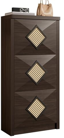 HAINEW Schuhschrank Schuhkipper mit 3 Klappen und Rattan Dekor, Schuhregal Schuhaufbewahrung, Rechteckiges Rattandekorativ, 54×25×115cm, Walnussfarbe, HNDE25120505