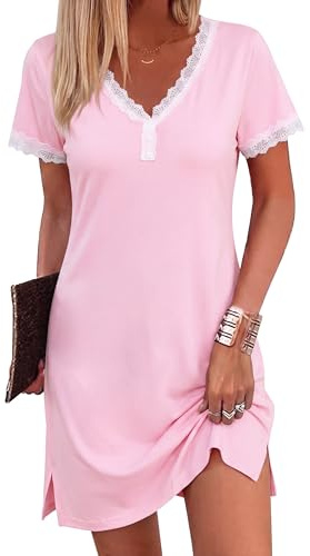 Aseniza Chemise de Nuit Femme Manches Courtes Dentelle Col en V Robe de Nuit Sexy Nuisette pour l’Été Confortables