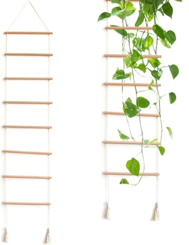 Enrejado de pared, escalera de madera para plantas trepadoras de 51x10 pulgadas con decoración de cuerda con borlas, soporte colgante para plantas trepadoras para balcón, patio, jardín, uso interior