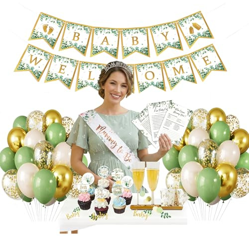Posoto Baby Shower Decorations - 49 Pcs Sage Green Neutral Party Supplies - Eucalyptus Botanical Decor for Celebration with Games, Sash & Tiara